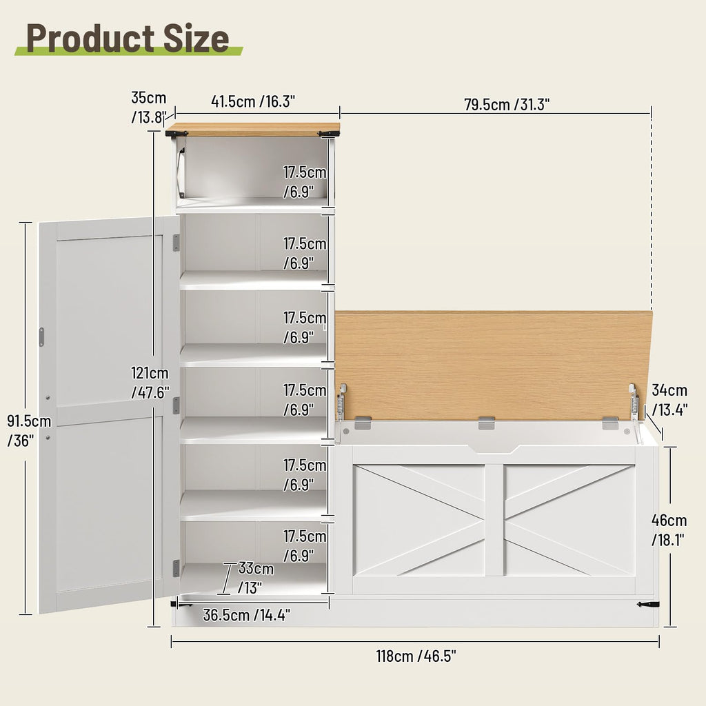Shoe Cabinet with Bench, L-Shaped Shoe Bench, Storage Bench, Farmhouse Shoe Storage Cabinet with Adjustable Shelves