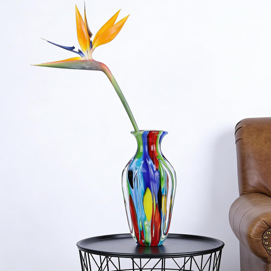 14" H Hand Blown Art Glass Vase, Multicolor Decorative Flower Vase with Wide Mouth Opening, Heavy Artistic Glass