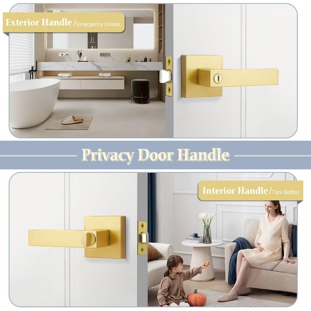 3 Pack Gold Privacy Door Handles Interior, Square Brushed Gold Door Handles , Reversible Door Lock Without Key