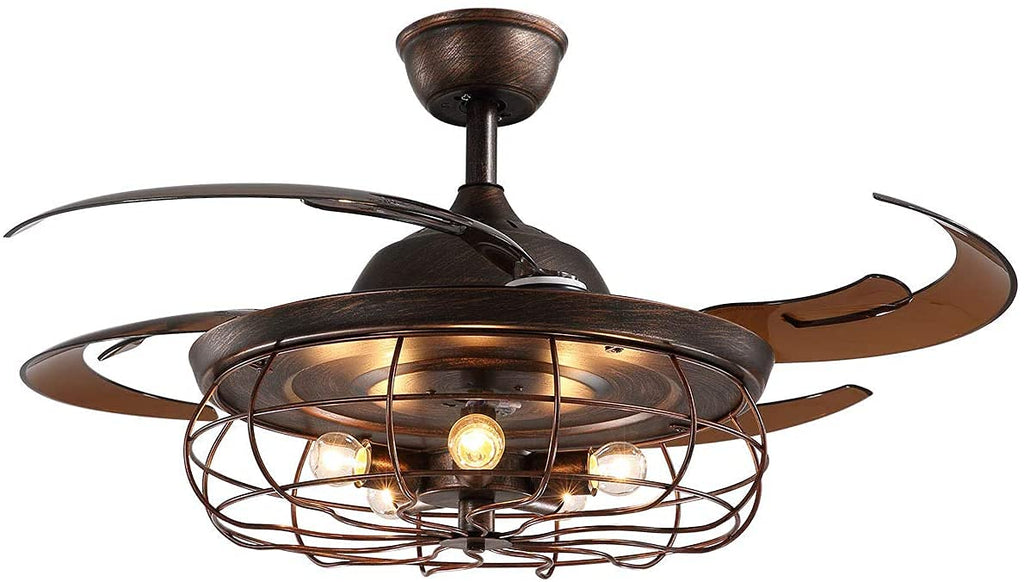 48 Inches Retractable Caged Ceiling Fan with Lights, Reverse Industrial Rusty Fandelier Fan Chandelier with Remote