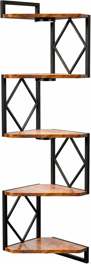 Corner Shelf Wall Mounted: 5-Tier Floating Shelves with Lights , Rustic Brown