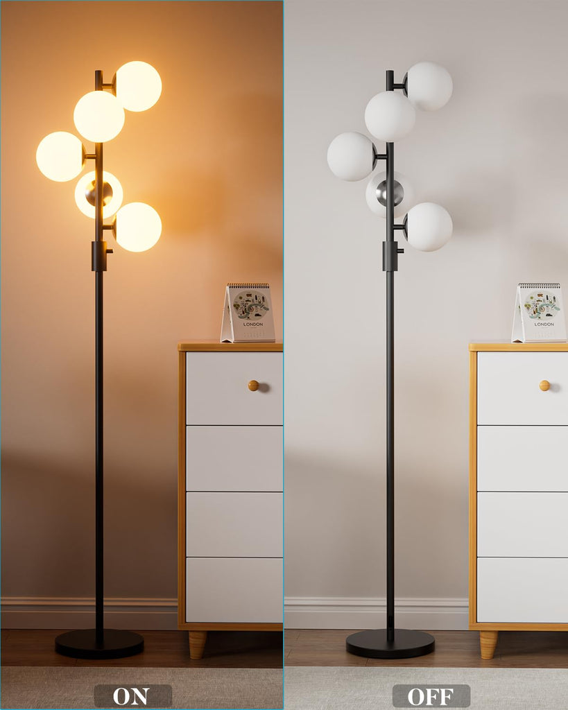5-Globe Dimmable Globe Floor Lamp Black Standing Lamps with 5Pcs 3000K Bulbs Included Brightness Adjustable Retro Mid