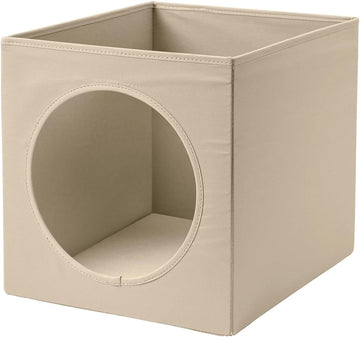 Cat House Cube, Beige, 13x15x13 inc, Foldable Fabric Pet Hideaway with Round Entry Hole