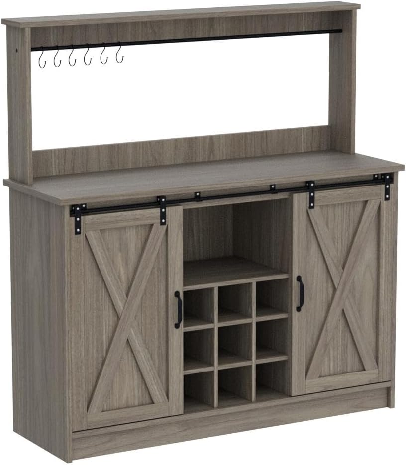 47" Farmhouse Coffee Bar Cabinet with Storage Hutch, Grey | Coffee Bar Station with Sliding Barn Door, 6 Hooks and
