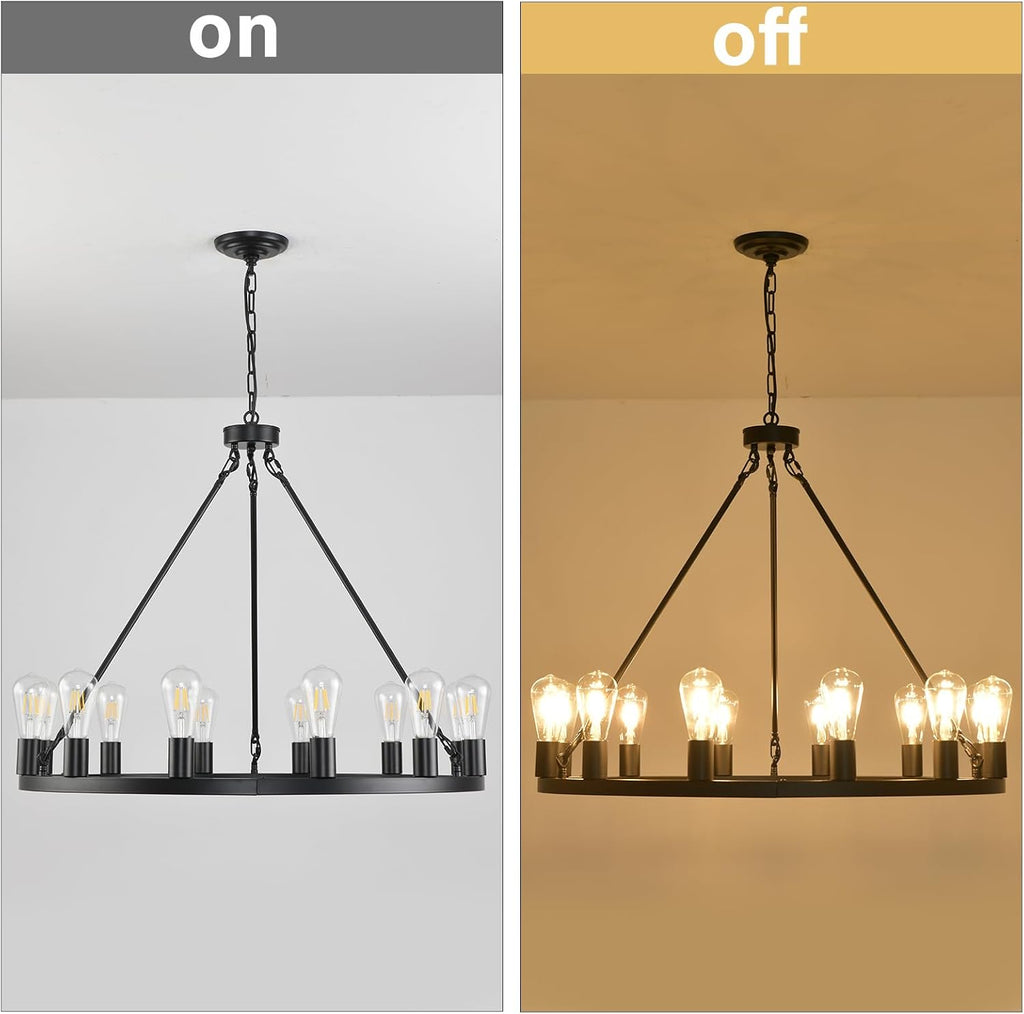 12 Lights Wagon Wheel Chandelier,31.5 inch Black Round Rustic Industrial Vintage Farmhouse Chandeliers for Outdoor