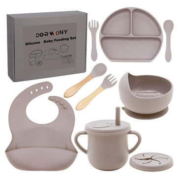 100% Silicone Baby Feeding Set, BPA Free, 9 Pcs: Suction Bowl, Divided Plate, Toddler Self Feeding Dish Set