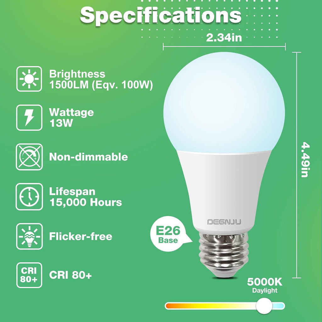 A19 Light Bulbs, 100 Watt Equivalent LED Bulbs, 5000K Daylight Light Bulbs, 1500 Lumen, E26 Standard Base