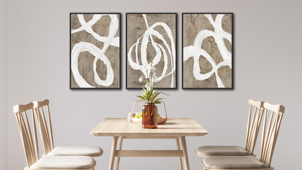 Framed Boho Wall Art Decor - Abstract Brown and White Line Painting Prints 32"x48" Set of 3 Modern Geometric Pictures