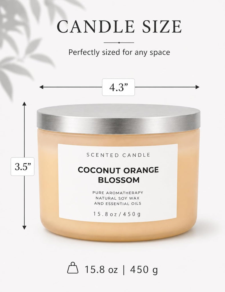 Coconut Orange Blossom Scented Candle, 3-Wick Large Soy Candle 15.8 oz - Set of 158