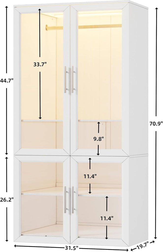 Armoire Wardrobe Closet with Glass Door, Bedroom Closet Wardrobe Cabinet with Hanging Rod, Lighted Freestanding