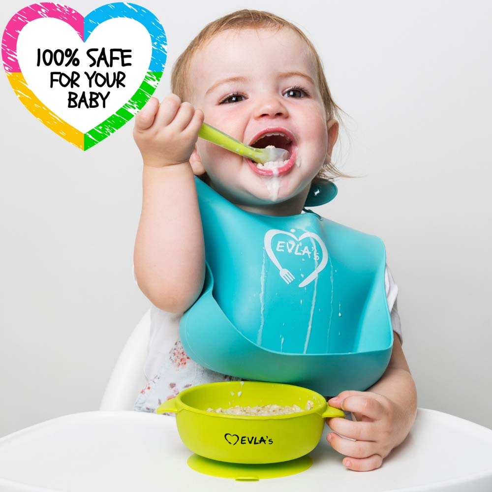 Baby Feeding Set, Baby Led Weaning Supplies, Adjustable Silicone Bibs, Divided Plate, Suction Bowl with Lid, Soft