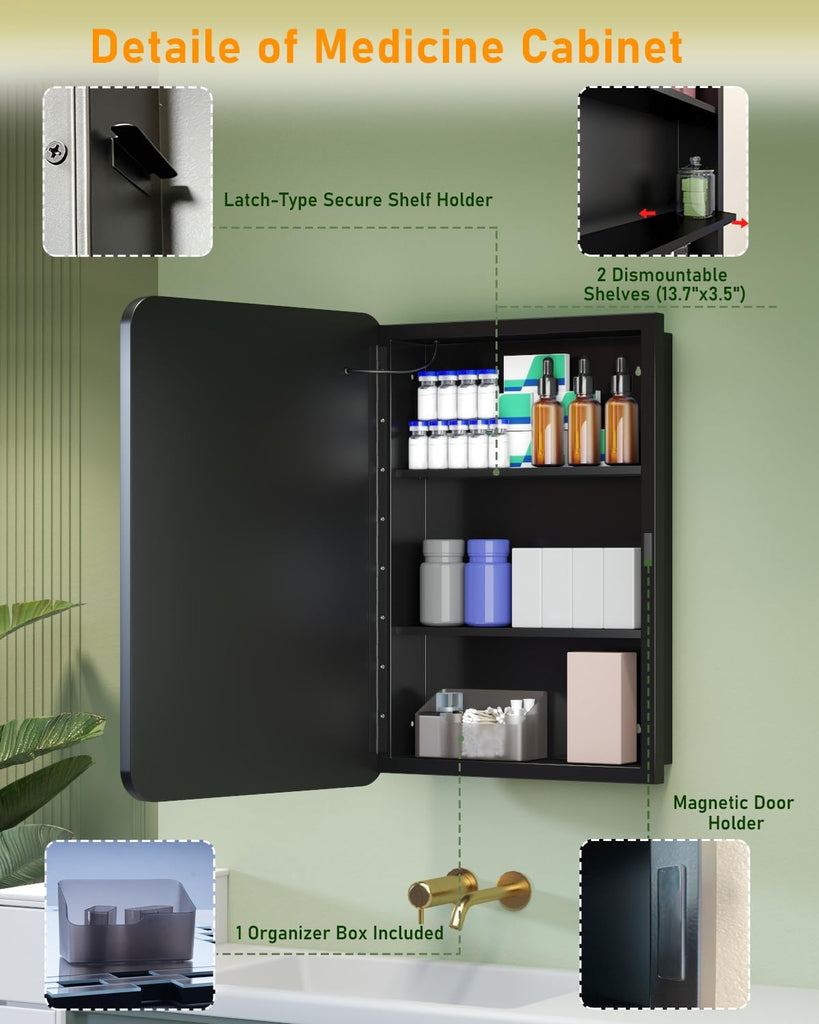 LED Bathroom Medicine Cabinet Mirror, Anti-Fog, Right Hinge, 16x24 Inch | Wall Mounted & Recessed, Dimmable 3 Color