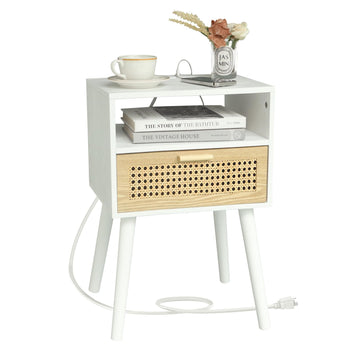 Nightstand with Charging Station, Bedside Tables with Rattan Drawer, Mid Century Modern Nightstand, End Table and