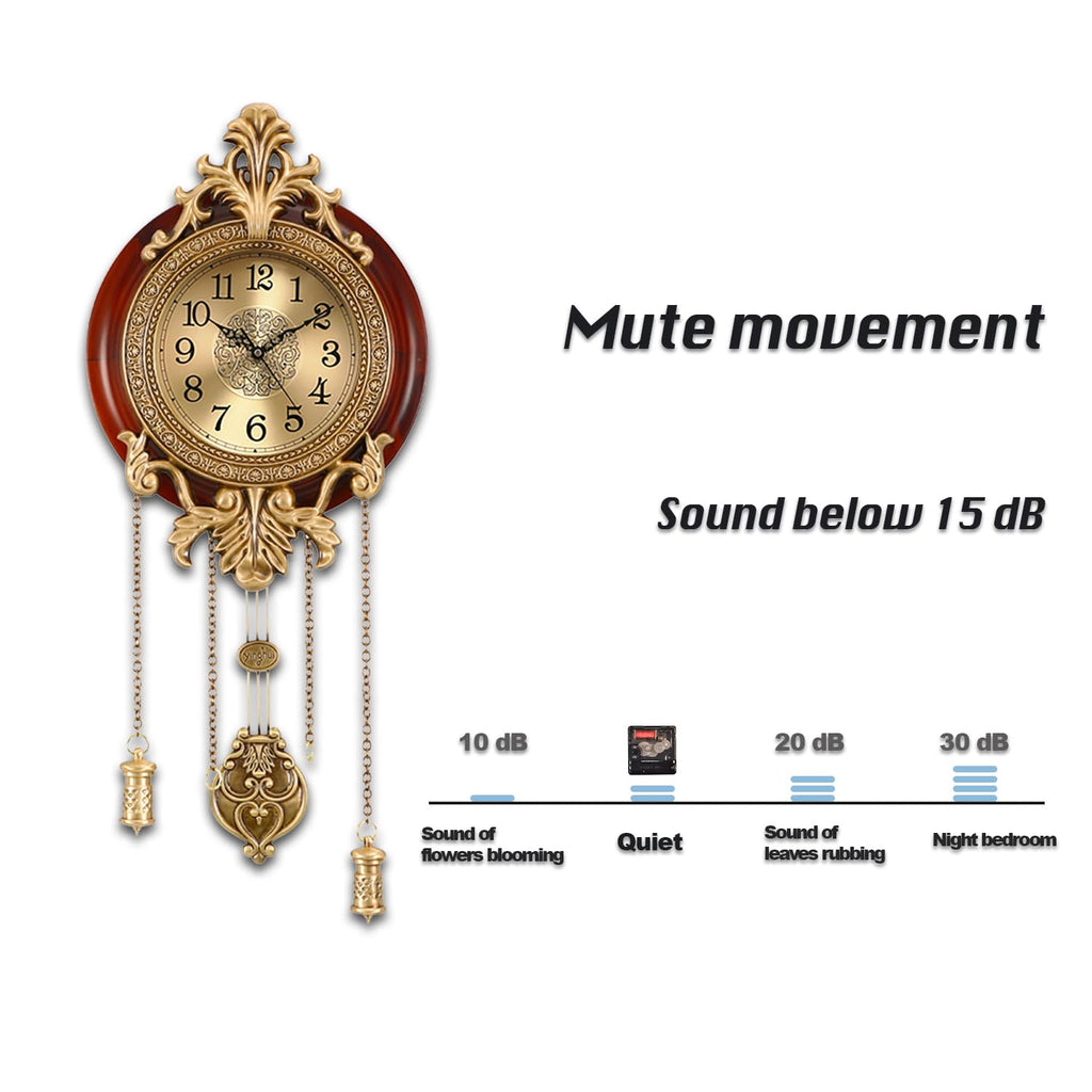 Brown Vintage Pendulum Wall Clock, Solid Wood Hanging Clock, Silent Non Ticking Quartz Movement, Analog Watch Kitchen