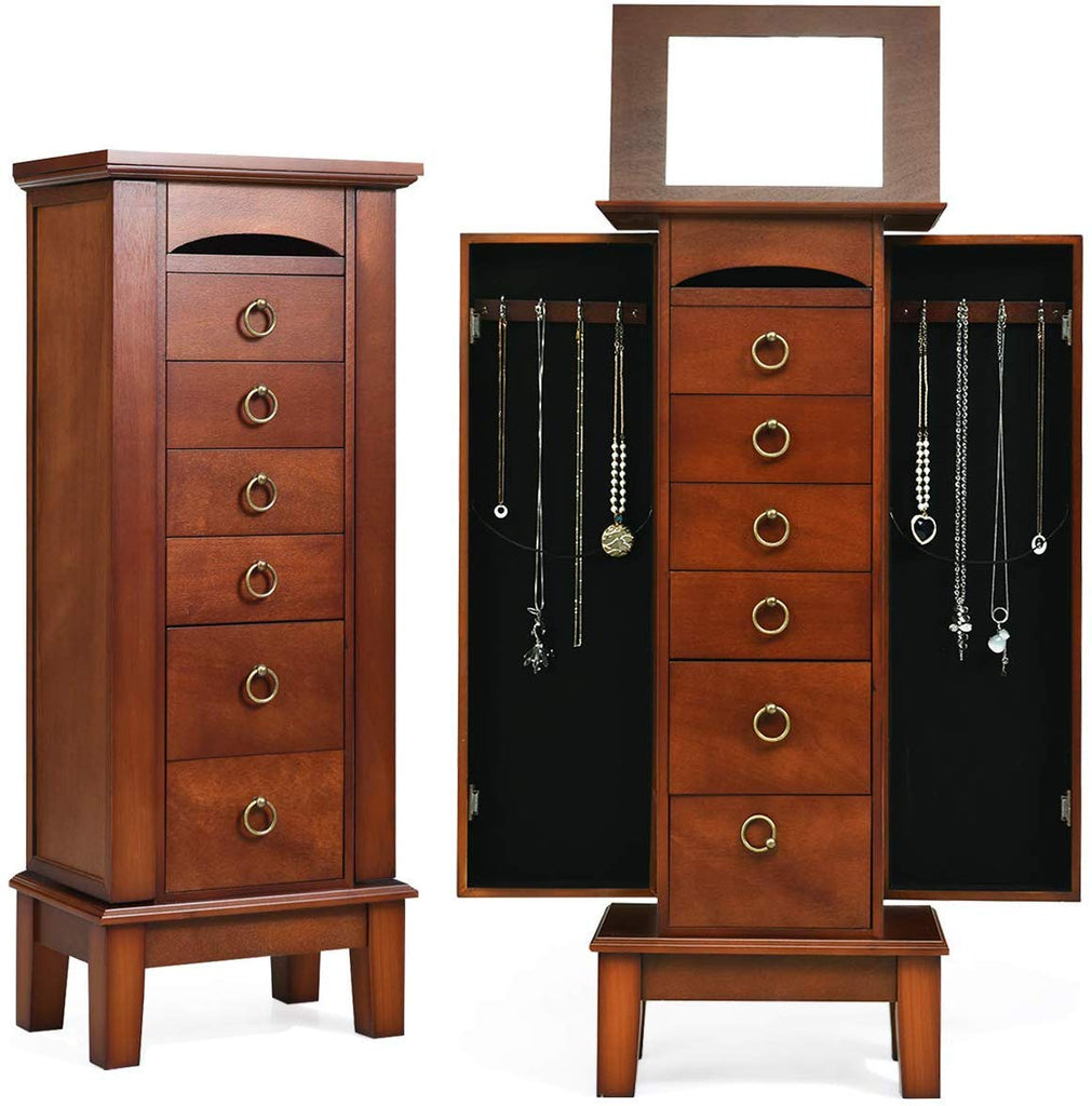 6 Drawers Jewelry Armoire Cabinet, Standing Jewelry Storage Chest with Mirror, 8 Necklace Hooks Wooden Jewelry