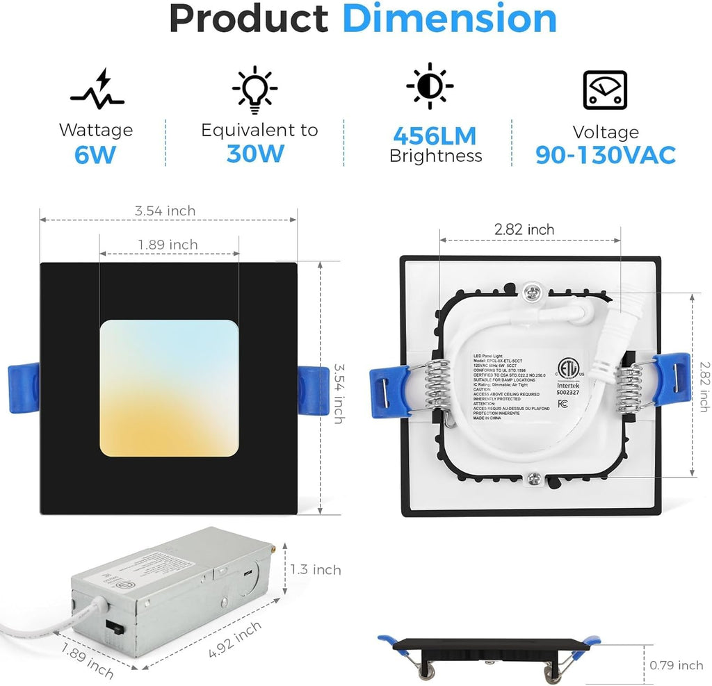 6 Pack 3 Inch Square LED Recessed Lighting, 5CCT, 6W, Dimmable