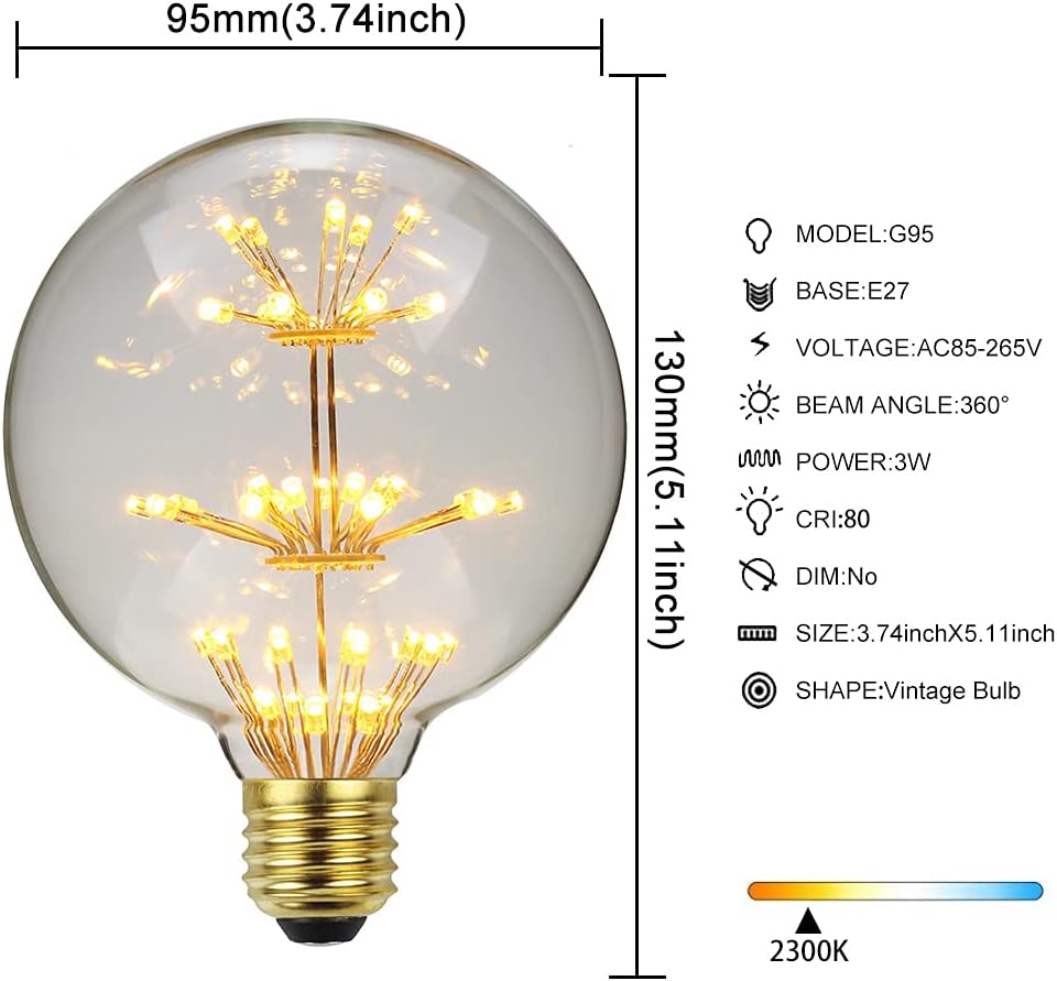 Vintage Led Bulb G95 Firework 3Watts Edison Bulb 2200Kelvin Warmth Glow 110-130V Decorative Light Bulb