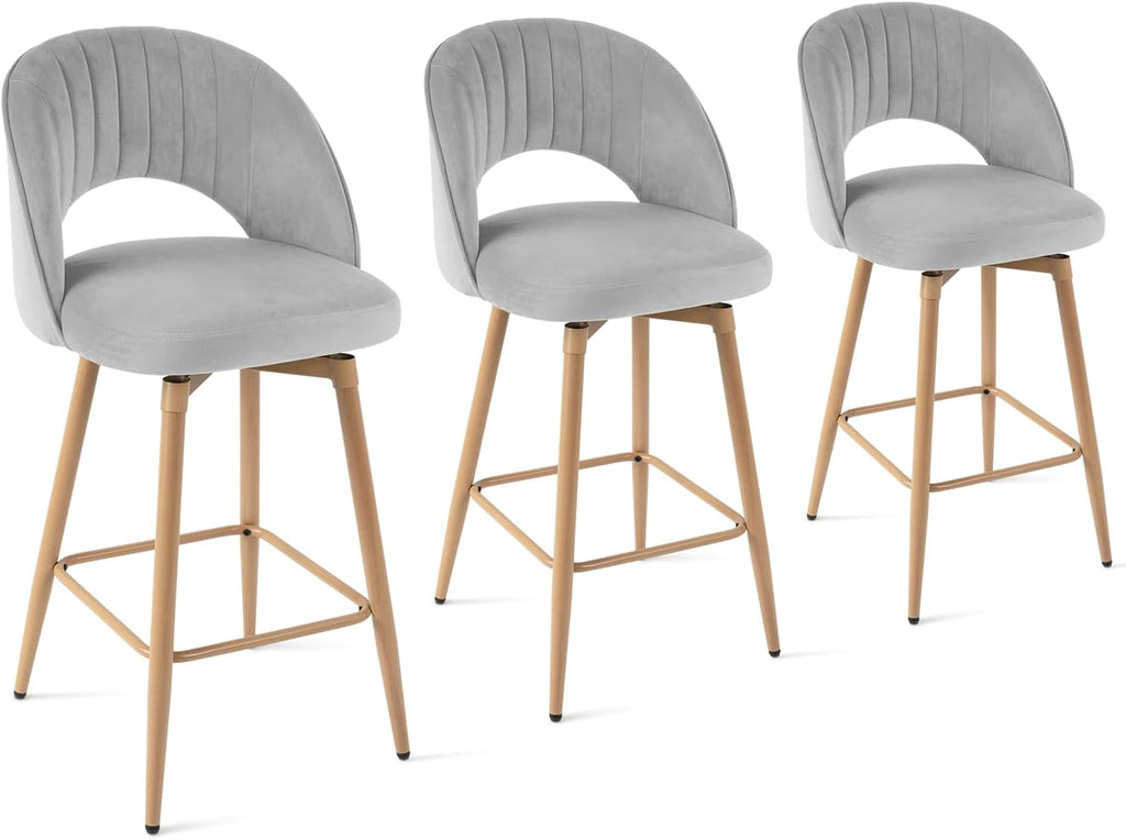 Swivel Bar Stools Set of 3, Counter Height Barstools Island, 26" Seat Height Bar Chairs, Velvet Upholstered Bar Stool