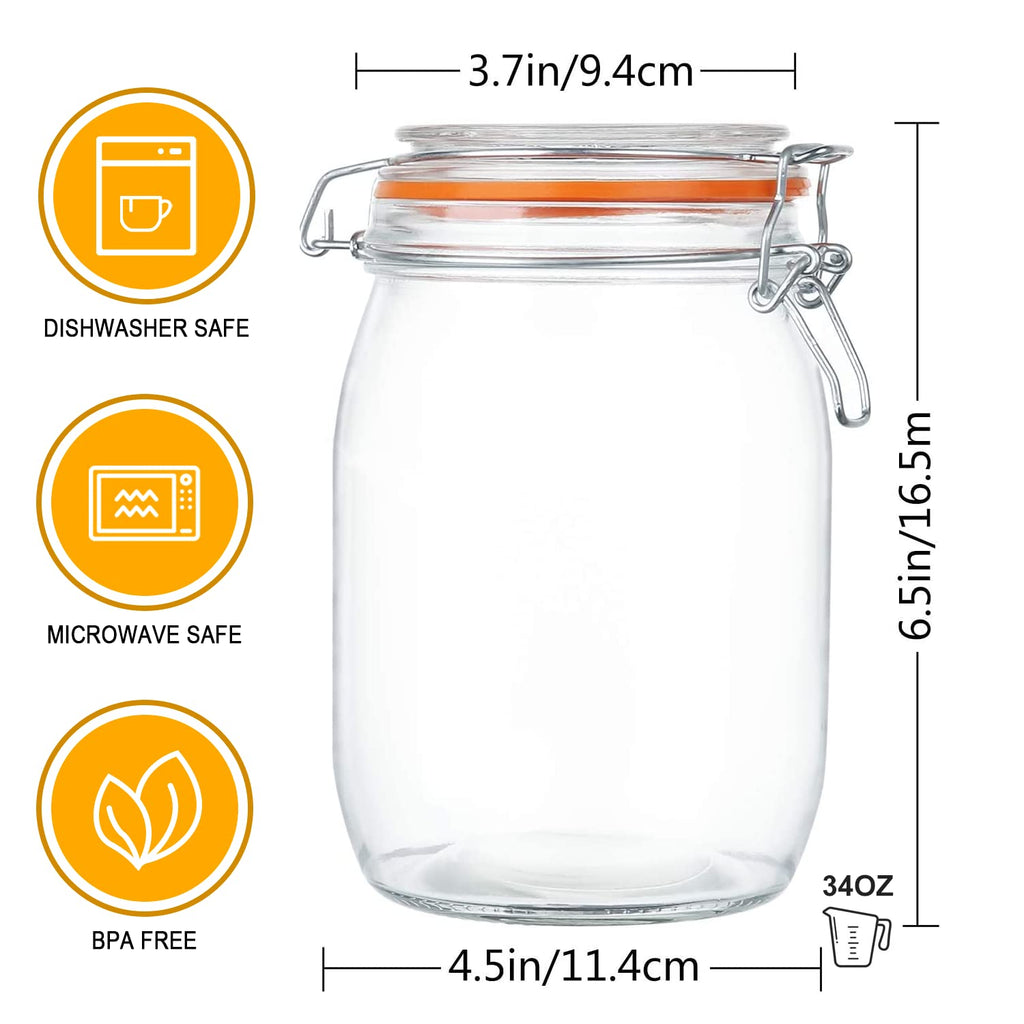 Glass Jars 32oz, Airtight Glass Food Storage Jar with Clamp Lid, 1000ml Rounded Airtight Canister with Leak Proof