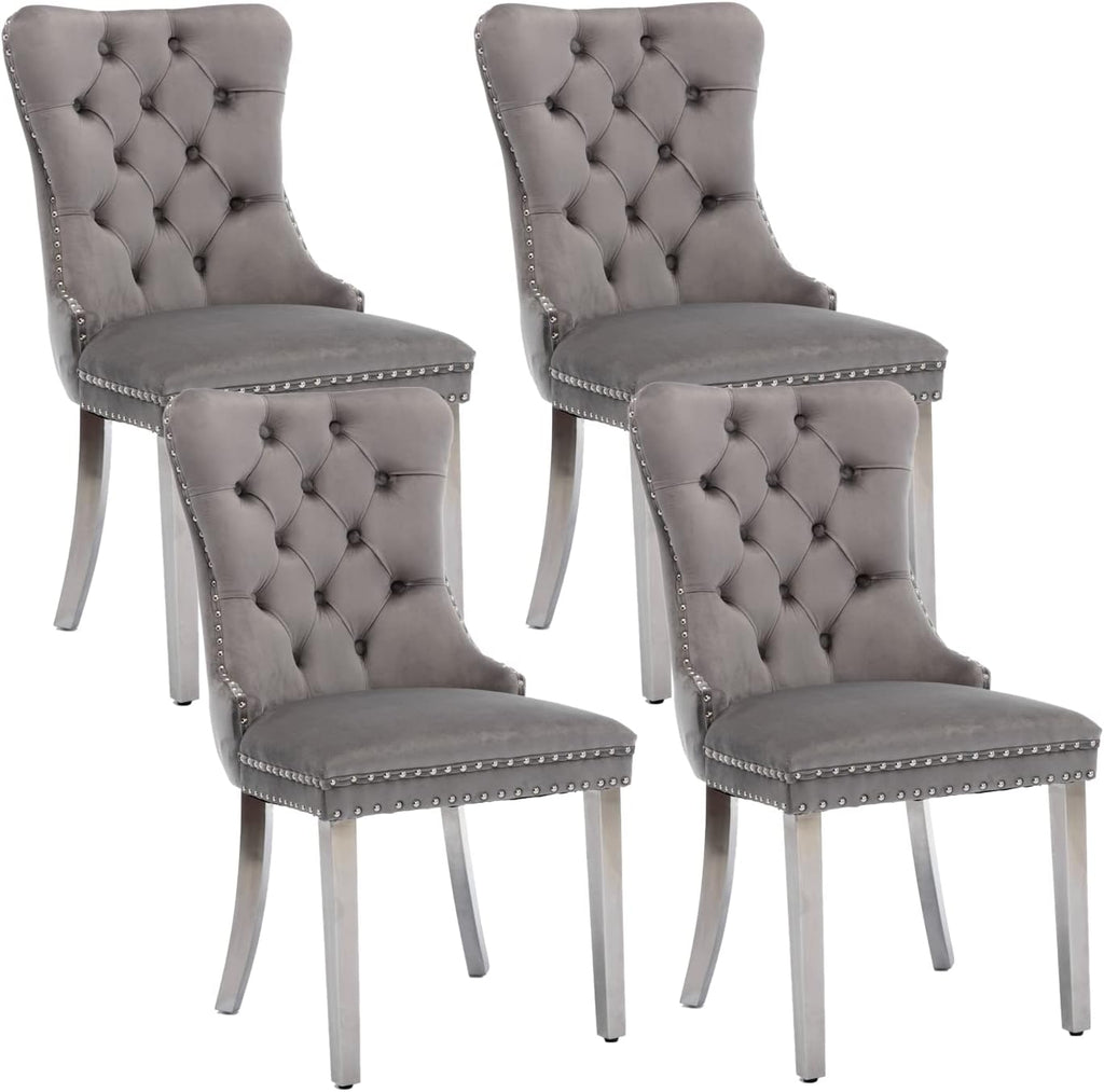 Grey Velvet Dining Chairs Set of 4, Tufted Back, Silver Metal Legs | Ring pull; wing back; nailhead trim; spring and