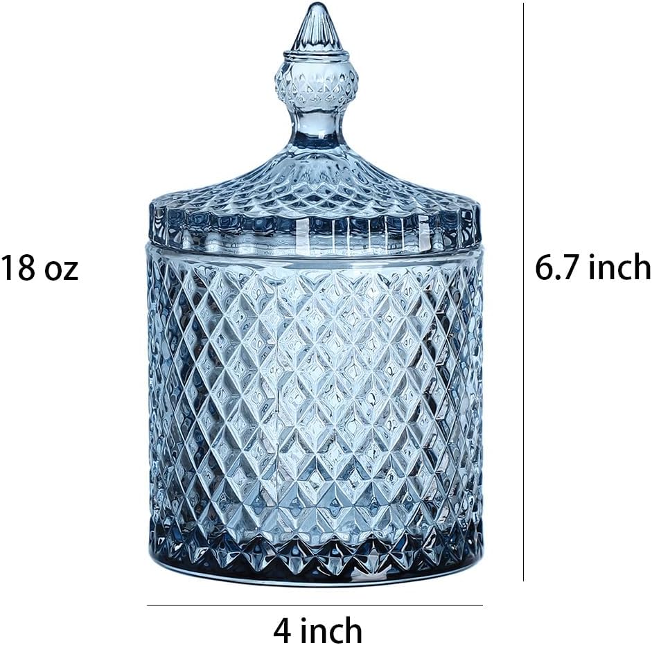 Diamond Faceted Crystal Glass Candy Jar with Lid, 18oz Blue Decorative Jar, Nut Jar, Dried Fruit Storage Jar.