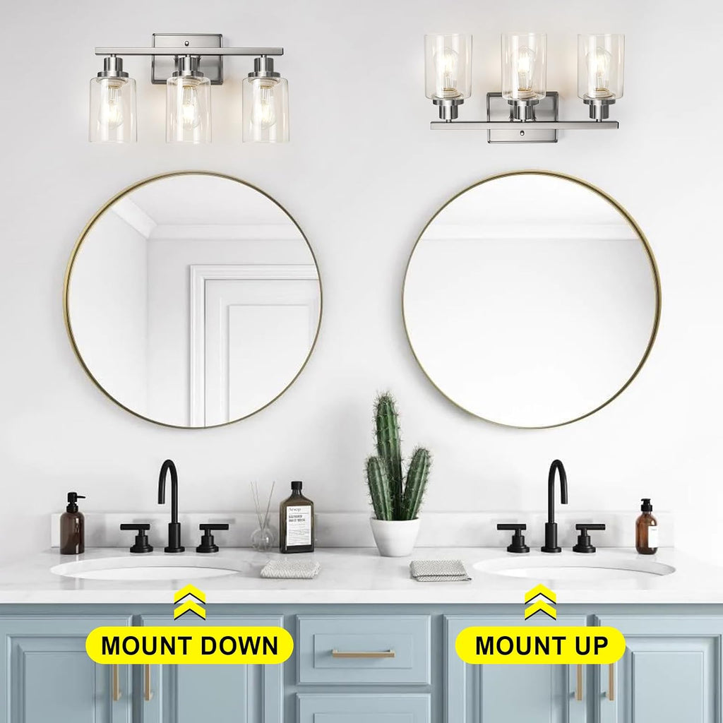 Bathroom Vanity Light Fixtures, 3 Light Wall Sconces Lighting with Clear Glass Shade, Brushed Nickel Wall Lights for
