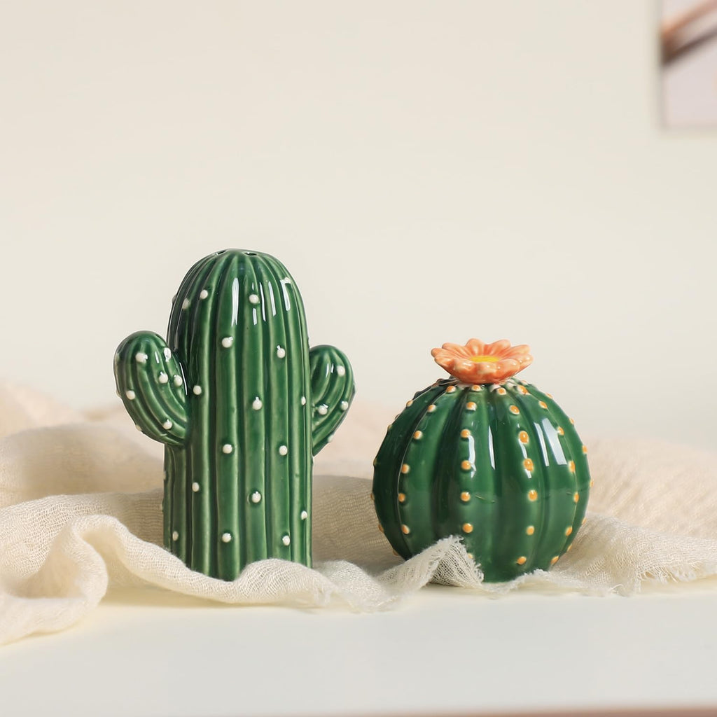 Ceramic Cactus Shape Salt & Pepper Shakers Set, Hand-Painted Cactus Salt and Pepper Shakers, Set - Set of 2