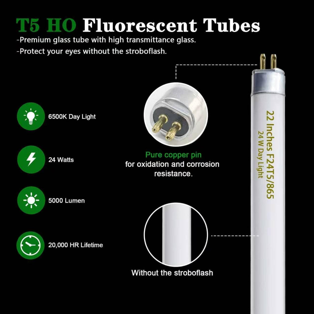 6 Pack 22 Inch T5 Fluorescent Grow Light Bulbs, 24W 6500K Full Spectrum, 2000 Lumens, High Output (HO)