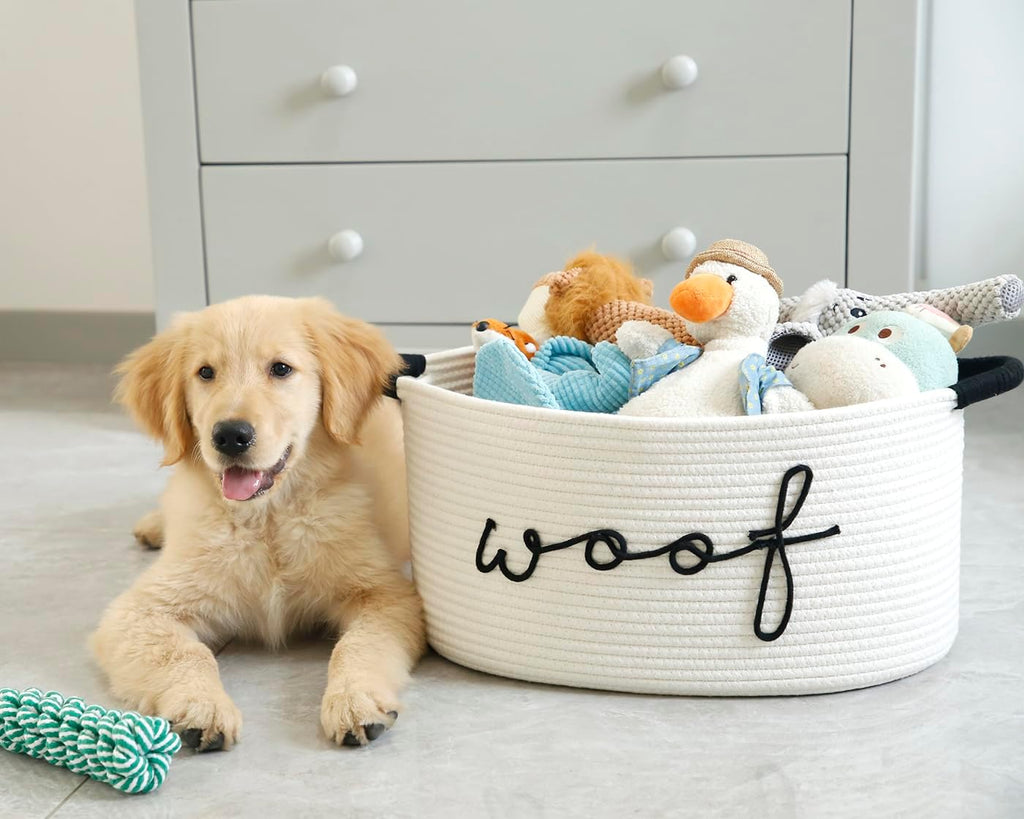 Woof Dog Toy Basket Woven Pet Baskets Storage Bin Box with Durable Handles, Pet Supplies Puppy Bins Perfect