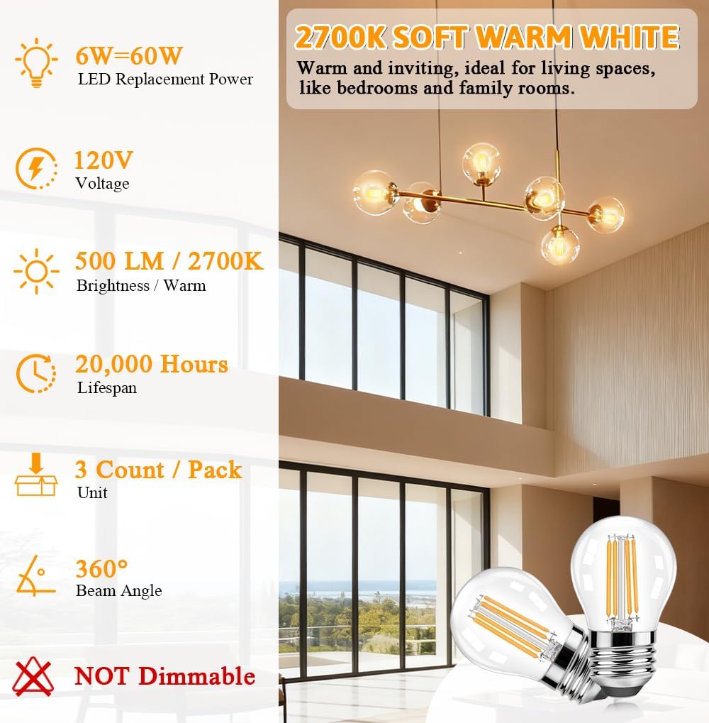 G45 E26 LED Edison Filament Bulbs 6W Equivalent 60 Watt, 2700K Warm White