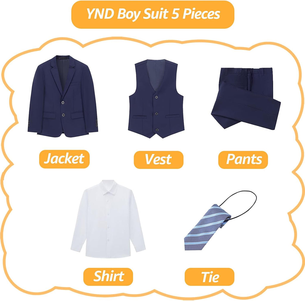 Boys 5 Piece Slim Fit Suit Set, Solid Formal Dresswear of Jacket Vest Pants Shirt and Tie
