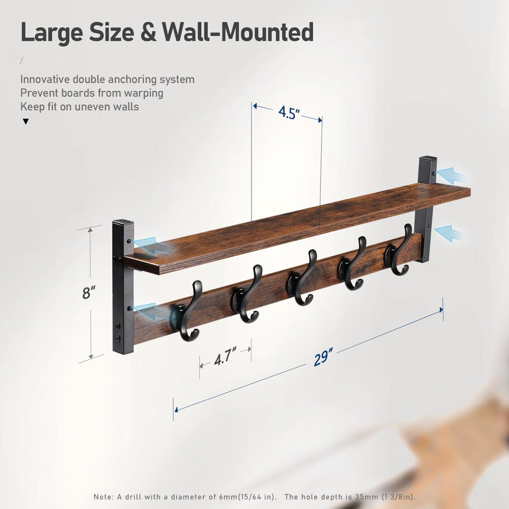 29" Rustic Coat Rack Wall Mount with Shelf, Entryway Wall Hooks with Shelf, Coat Hangers, Rustic Black