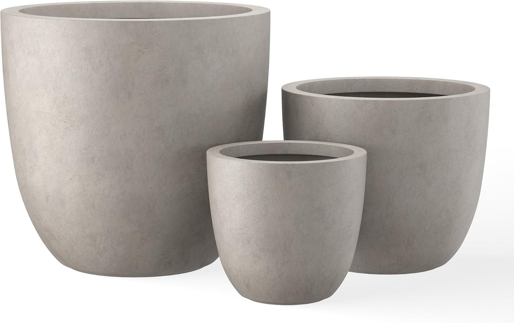 Set of 3 Weathered Concrete Bowl Planters 18" 14" 18" Dia | Drainage for Outdoor, Rubber Plug for Indoor Home
