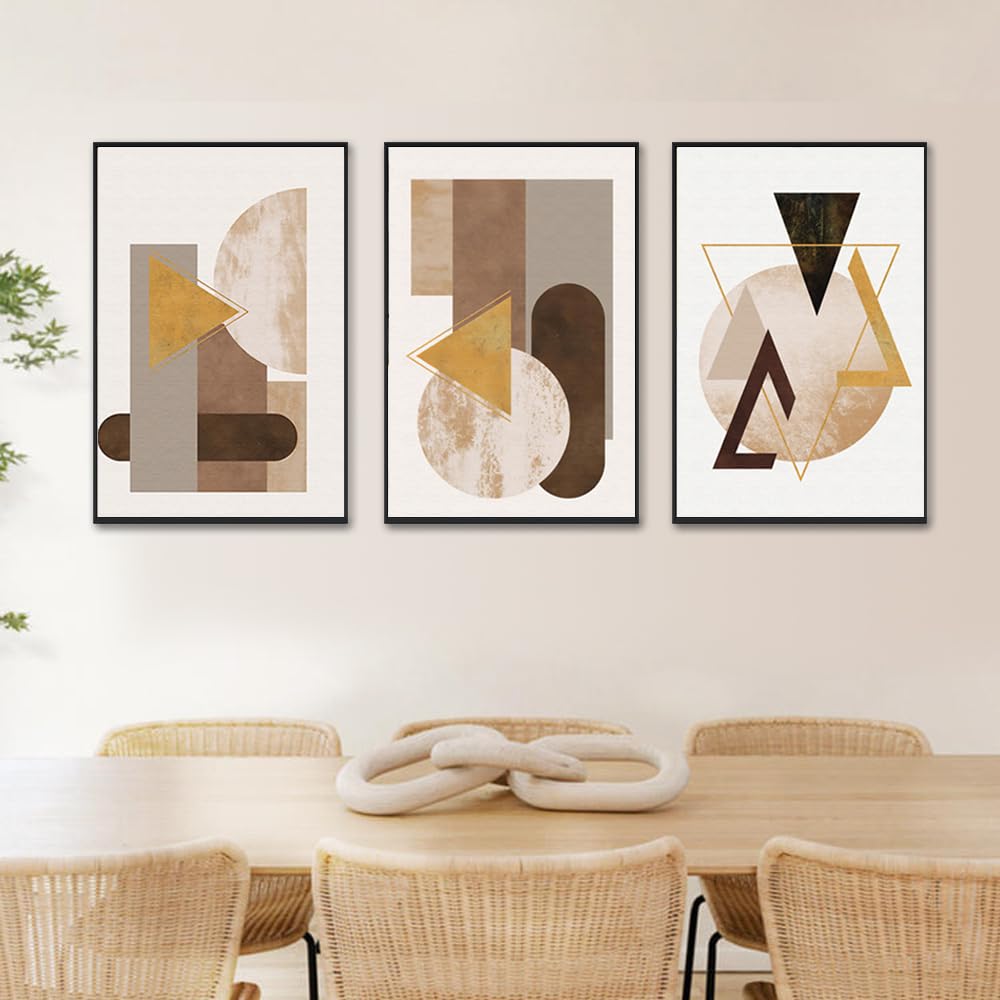 3Pcs Modern Brown Beige Geometric Abstract Framed Canvas Wall Art Decor