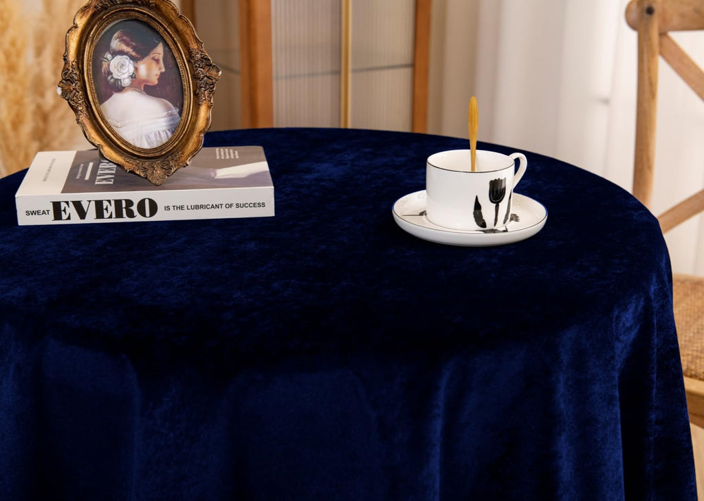 Round Velvet Tablecloth, 48 Inch Navy Blue Decorative Table Cover with Gold Tassel Trim, Heavy Soft Plush Fabric