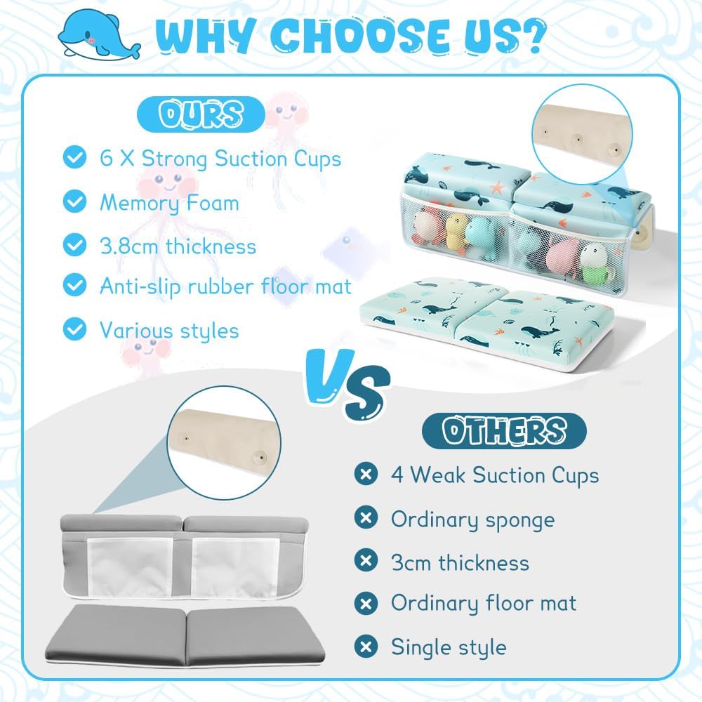 Bath Kneeler and Elbow Rest Pad Set,1.5" Thick Baby Bath Kneeler Pads with Toys Organizer, Pads to Support The Arm