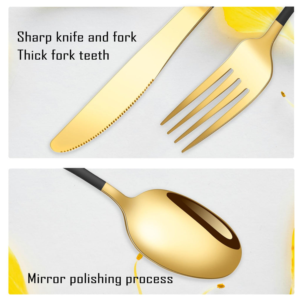 Black Gold Silverware Set for 8, Stainless Steel 40 Piece Modern Cutlery Set,Mirror Polished Heavy Duty Flatware Set