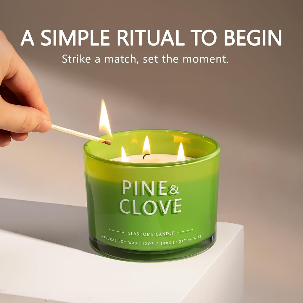 Pine & Clove Scented Candle, Luxury Large 3 Wick Soy Candle 12 Oz, 60+ Hour Long Lasting Clean Burn, Elegant