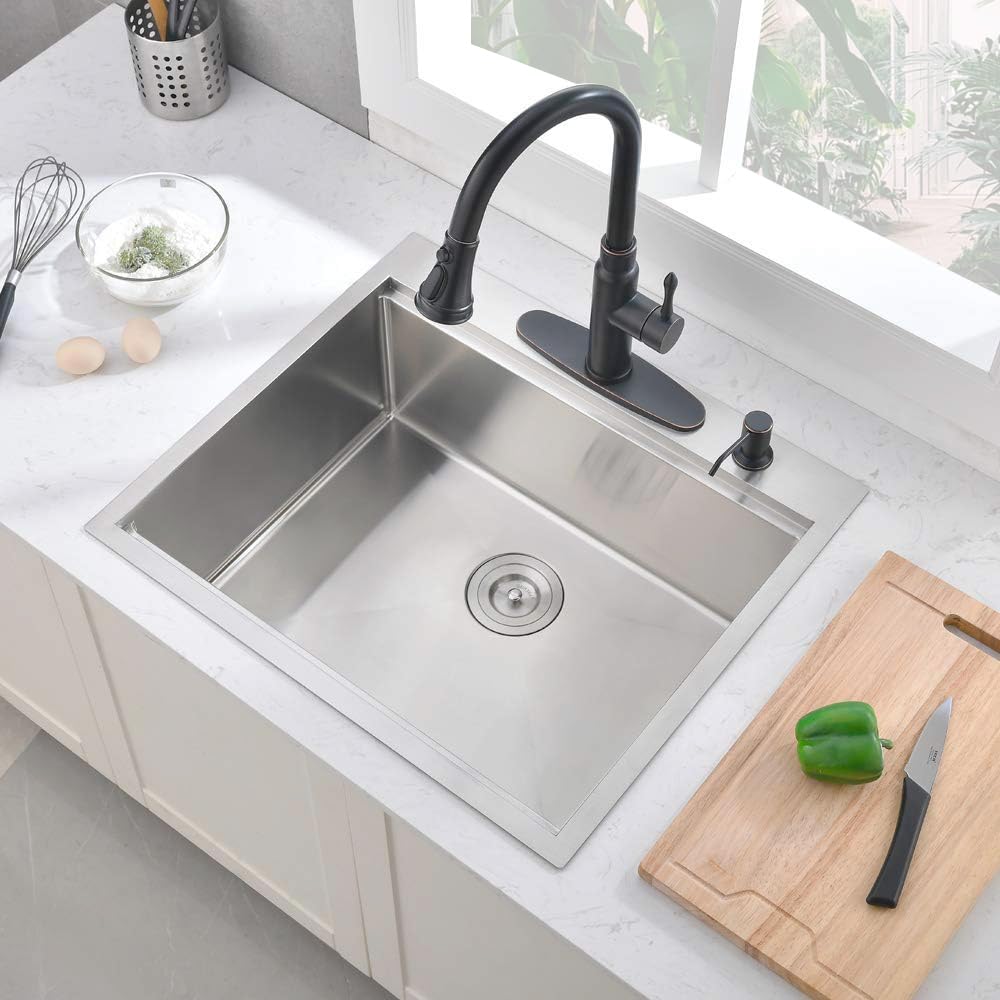25x22 Drop Sink Workstation, Single Bowl Stainless Steel Top Mount Kitchen Sink Ledge Built In 16 Gauge Handmade 10"