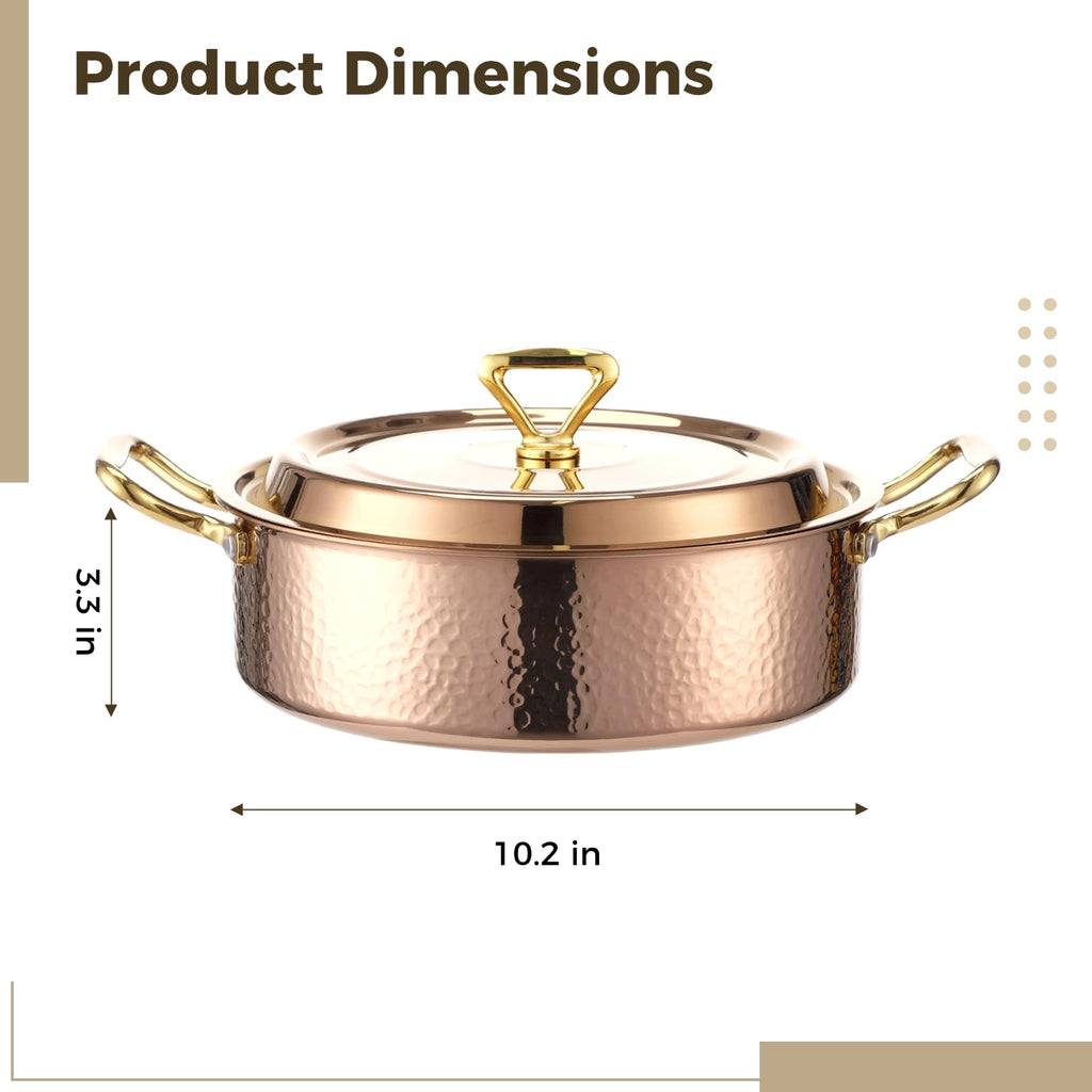 Hammered Copper Cookware with Lid, 10.2 in/4.2QT Rose Gold Stainless Steel Pot, Induction & Gas Compatible, Portable