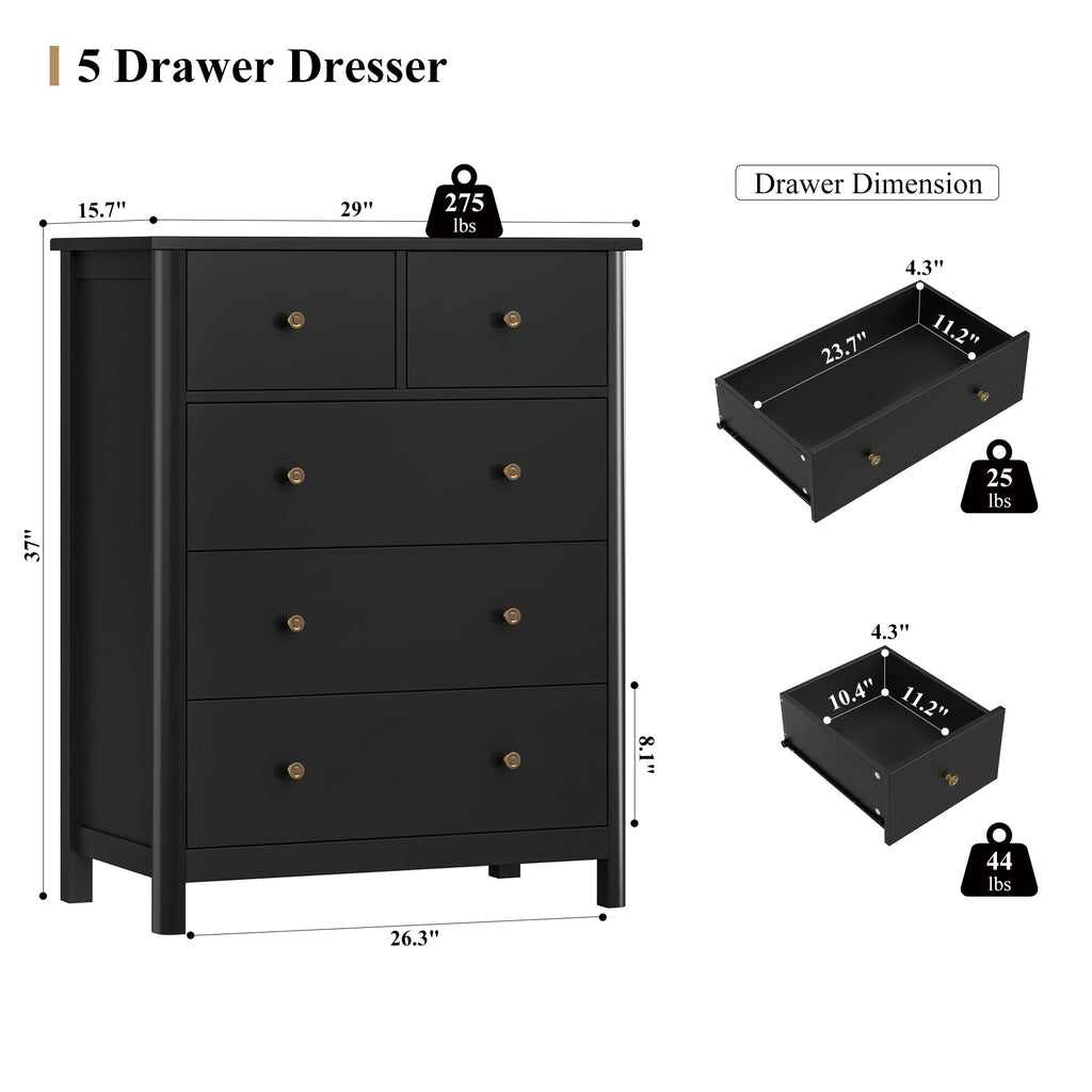 Black with 5 Drawers, Chest of Drawers, 5 Drawers | 29" W Modern Wood with Practical 2 Size Drawers, Space-Saving