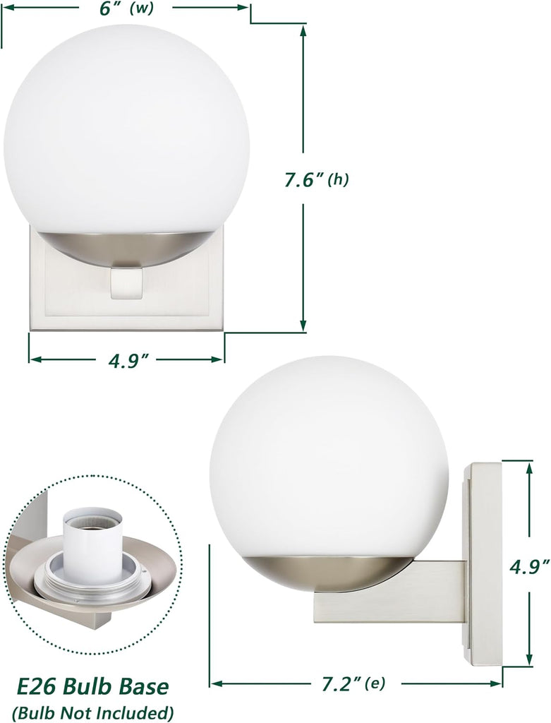 Brshed Nickel Wall Sconce Light, Modern Sconces Wall Lighting, 1 Light Globe Bathroom Vanity Lighting with Opal Glass