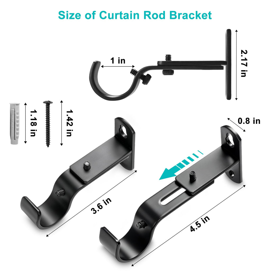 Adjustable Curtain Rod Brackets for 1" Rods, 3 Pack, Black