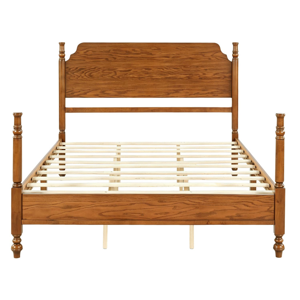 Wood Bed Frame with Vintage headboard, Spindle Platform Bed with High Posts Design, Sturdy Wooden Slats Support
