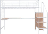 Full Loft Bed with Desk and Wardrobe and Storage Stairs, Loft Beds for Adults, Kids, Teens Metal, White