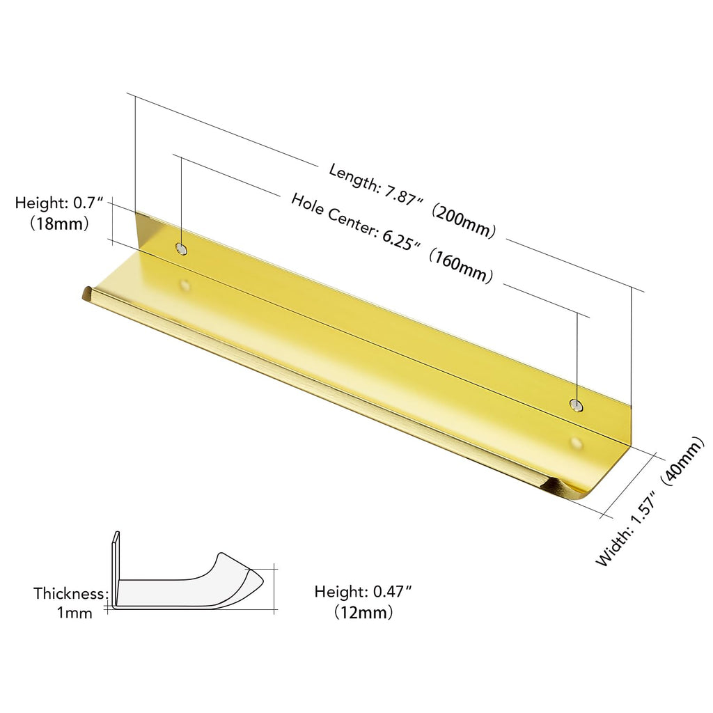 Gold Cabinet Handles Finger Edge Pulls 7.8 Inch CC 20 Pack