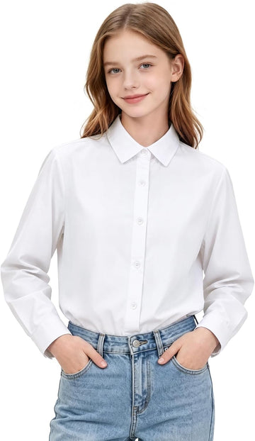 Girls Button Down Shirt Long Sleeve Uniform Dress Shirts