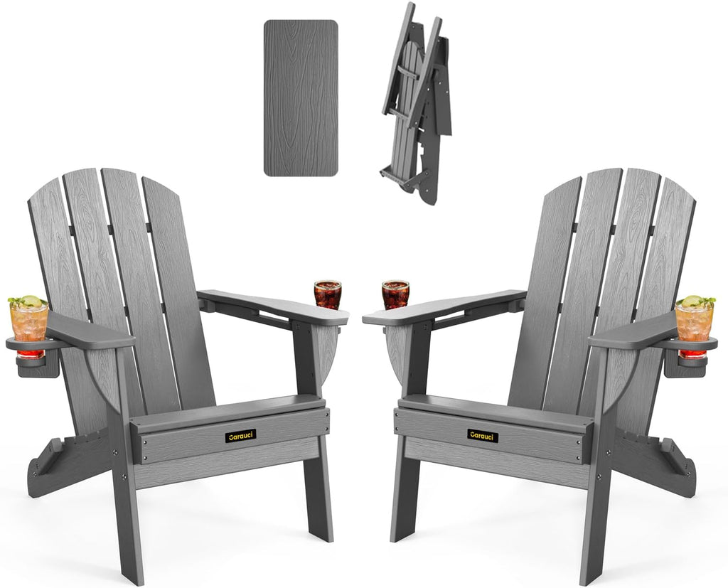 Folding Adirondack Chair Set of 2, Wooden Textured Plastic Adirondack Chairs with 2 Cup Holder, Weather Resistant
