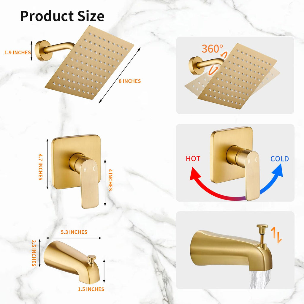 Tub Shower Faucet Set With Head & Spout Gold