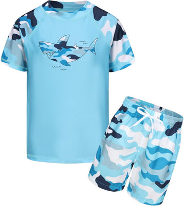 Boys Swim Set, 2 Piece Rash Guard Swimsuits Bathing Suit Short Sleeve Swim Shirts with Trunks Quick Dry Swimwear